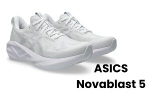 ASICS Novablast 5 running shoe side view on a white background showcasing its sleek design and vibrant colors.